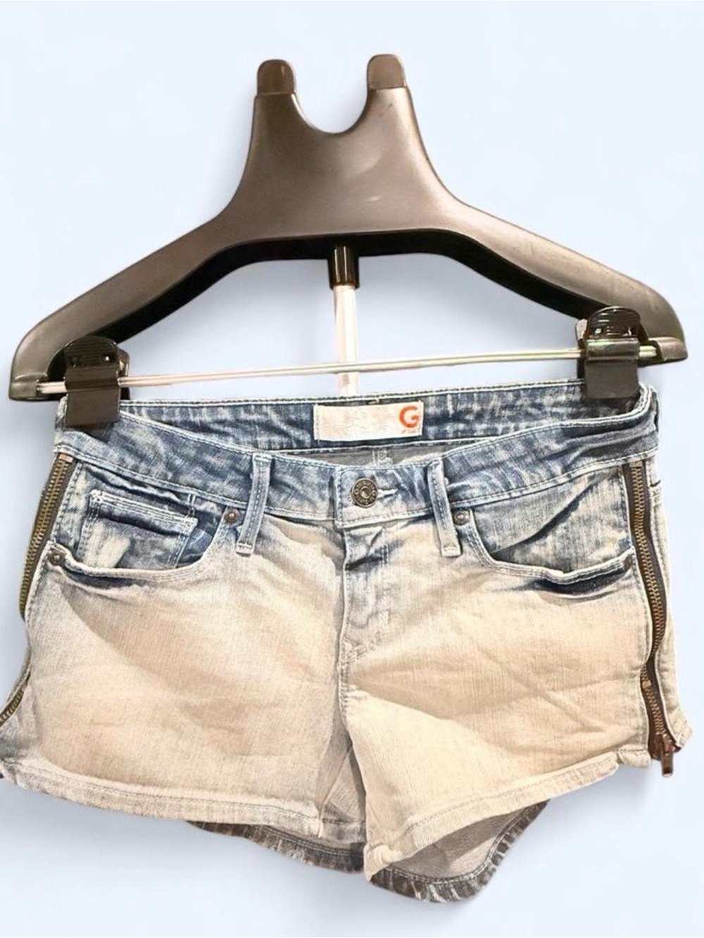 G by Guess Faded Light Blue Denim Shorties with Side Zippers